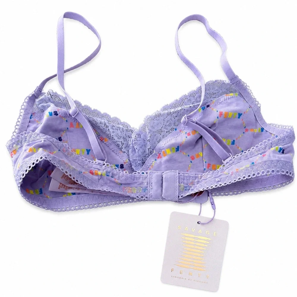 NWT Savage X Fenty Lavender Logo Print Cotton Bralette XS Lace Wireless Bra